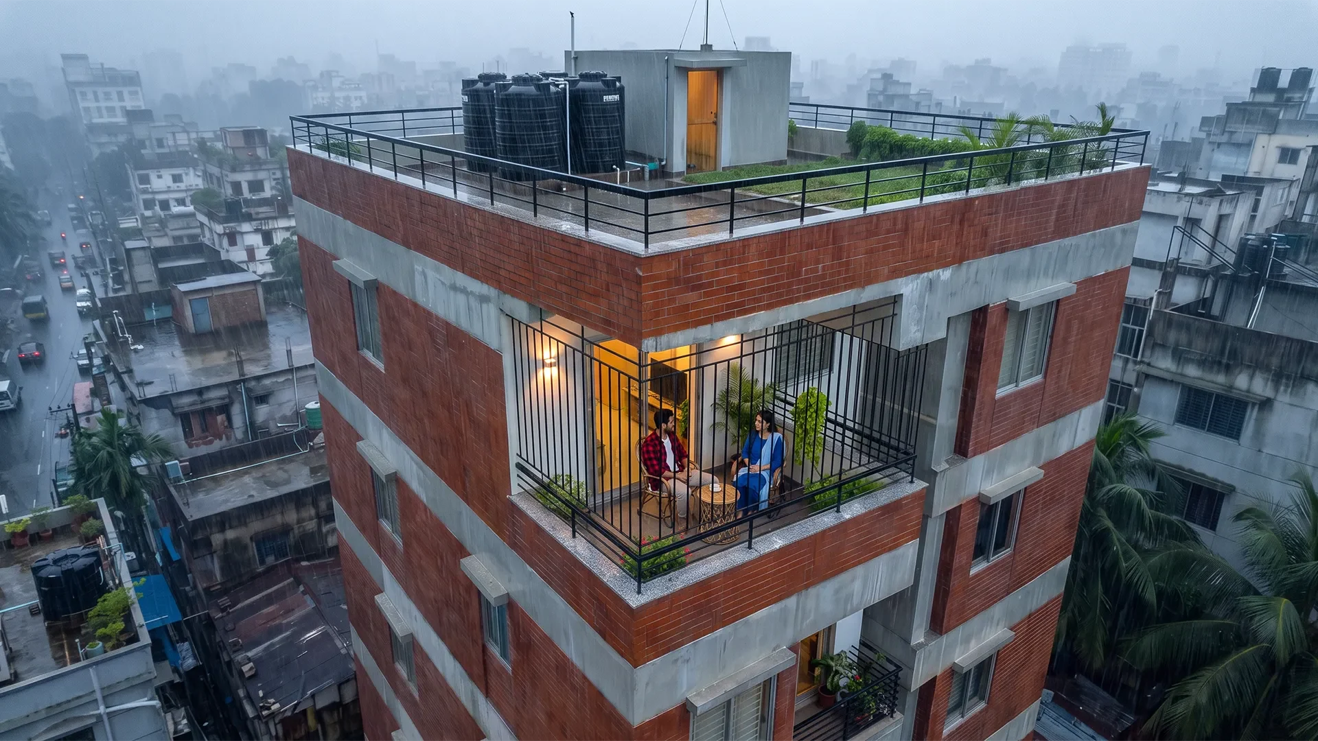 One lit balcony in a grey city.