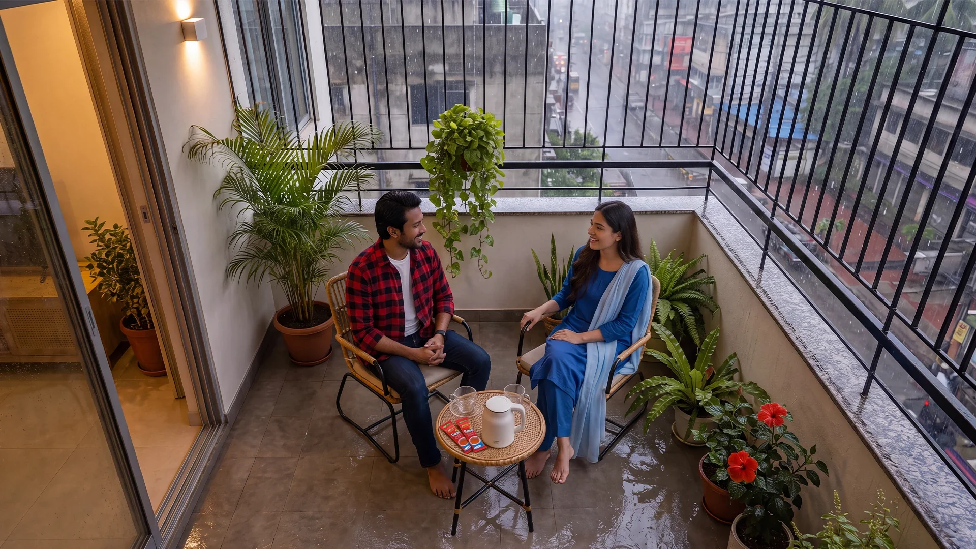 Two chairs, a cane table, two sticks of Rong Cha and the rain outside.