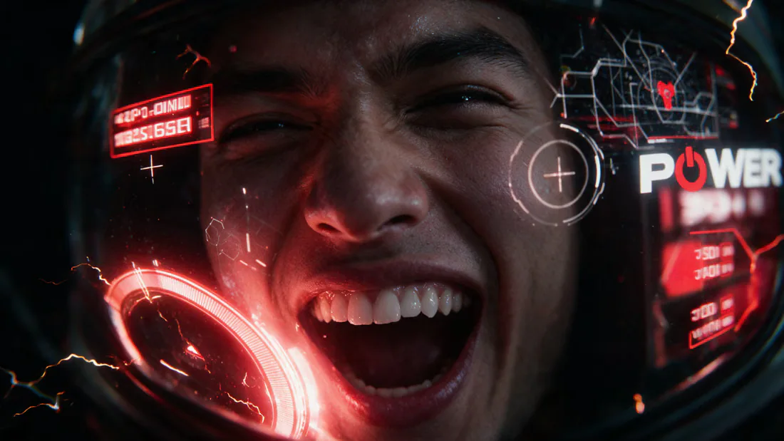 Inside the visor, the logo becomes a gauge.